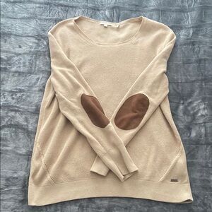 Beige Sweater with Brown Elbow Patches Barbour Size 18 Good Condition Swoop Neck